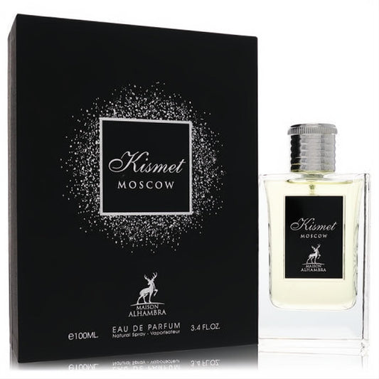 Maison Alhambra Kismet Moscow 3.4 oz Eau De Parfum. Clear glass bottle, silver cap, elegant black box with shimmering silver accents.