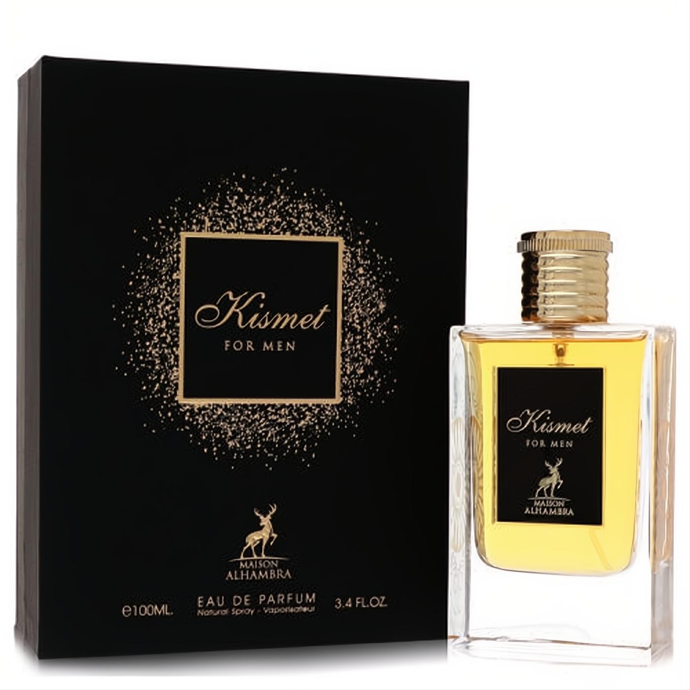 Maison Alhambra Kismet for Men 3.4 oz Eau De Parfum. Bold black and gold box, luxurious clear glass bottle with ribbed gold cap.