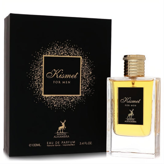 Maison Alhambra Kismet for Men 3.4 oz Eau De Parfum. Bold black and gold box, luxurious clear glass bottle with ribbed gold cap.