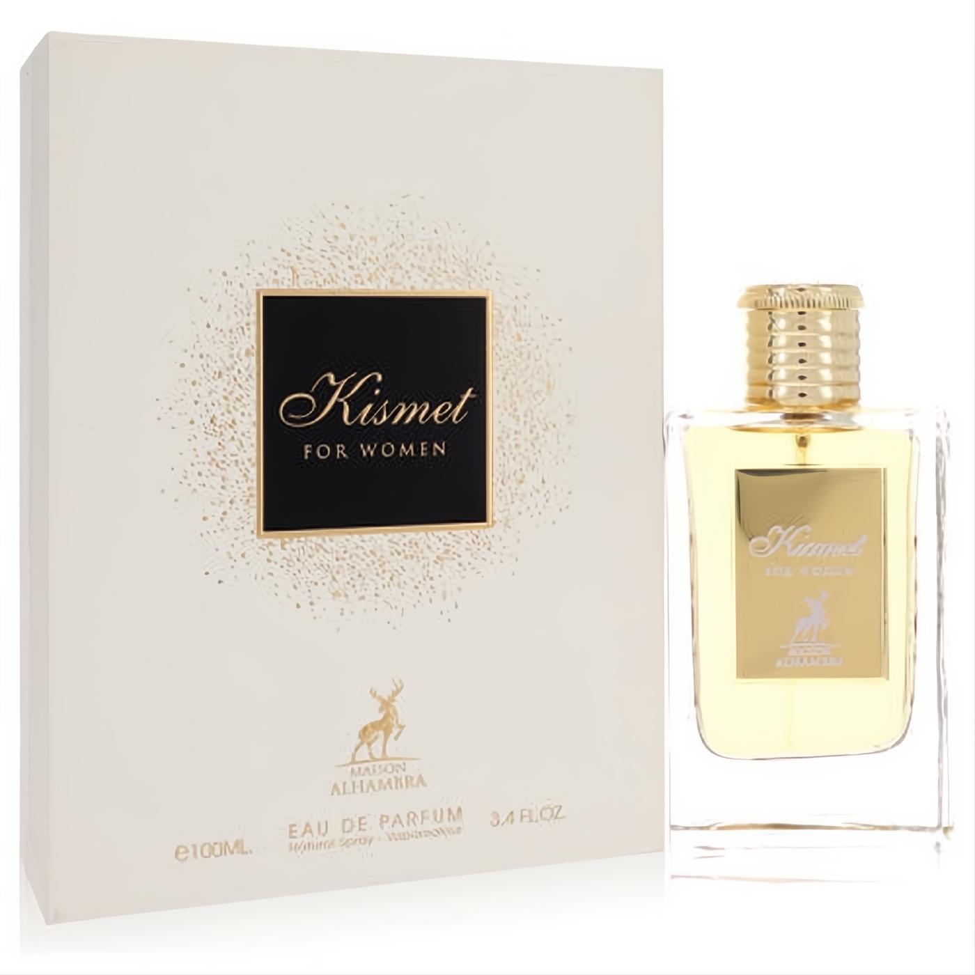 Elegant Maison Alhambra Kismet for Women 3.4 oz EDP. Gold-accented clear glass bottle and luxurious cream box with gold speckled design.