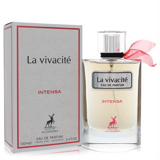 Maison Alhambra La Vivacite Intensa 3.4 oz women's EDP spray. Elegant clear bottle with amber liquid, red ribbon, and textured white box.