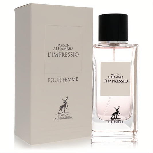 Elegant Maison Alhambra L'impressio 3.4 oz women's EDP in a clear glass bottle with black cap and sophisticated beige box.