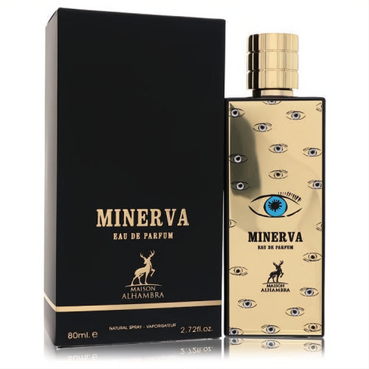 Maison Alhambra Minerva 2.7 oz EDP. Luxurious gold bottle with unique blue eye pattern, presented in a sleek black box.