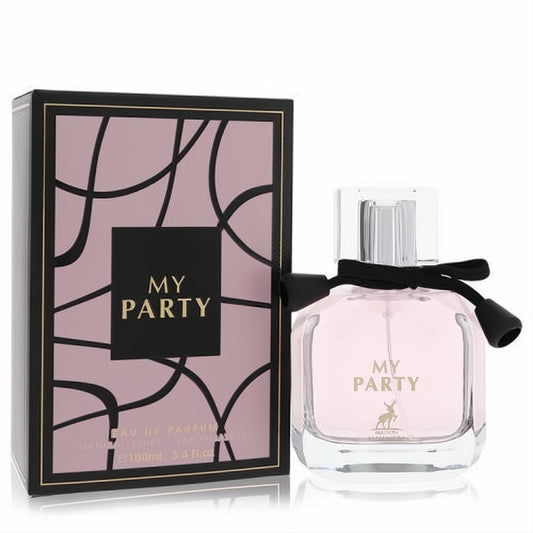 Elegant Maison Alhambra My Party 3.4 oz women's eau de parfum. Features a chic pink bottle with a black ribbon and a stylish black and pink box.