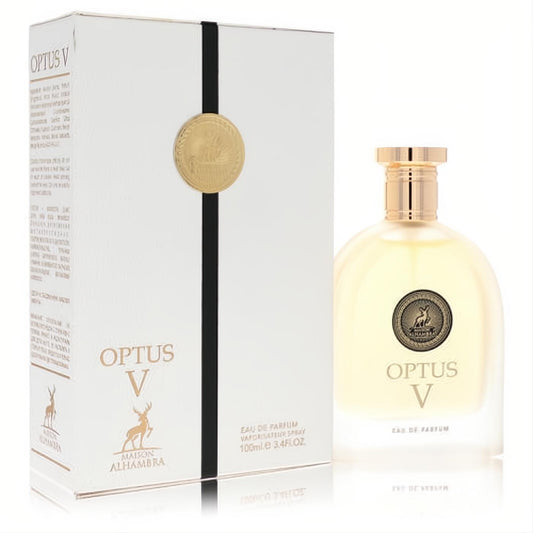 Maison Alhambra Optus V 3.4 oz unisex EDP. Luxurious frosted bottle with gold cap & deer logo, paired with an elegant white & gold box.