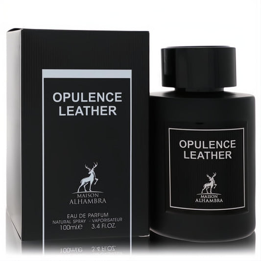 Discover Maison Alhambra Opulence Leather 3.4 oz EDP. Elegant matte black bottle and box with iconic deer logo.