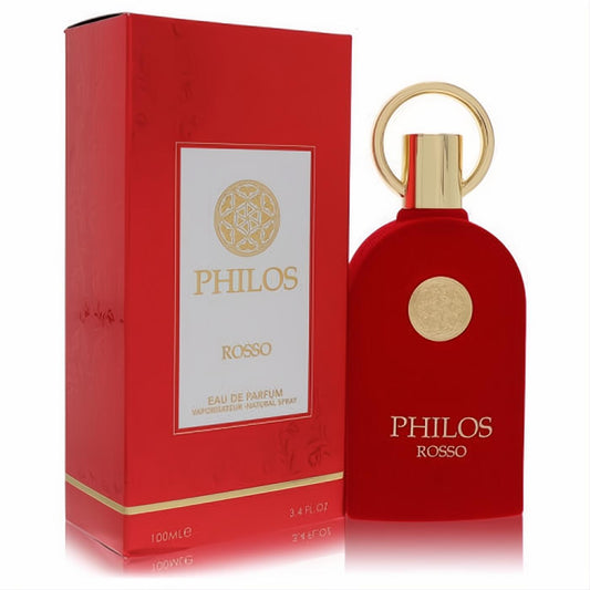 Maison Alhambra Philos Rosso 3.4 oz men's EDP. Luxurious matte red bottle with distinctive gold cap and elegant matching box.