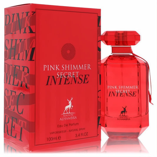 Experience Maison Alhambra Pink Shimmer Secret Intense 3.4 oz EDP. Vibrant red faceted bottle and elegant matching box.