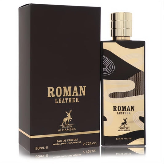 Experience Maison Alhambra Roman Leather 2.7 oz unisex EDP. Sleek black bottle, gold cap, and elegant abstract design with matching box.