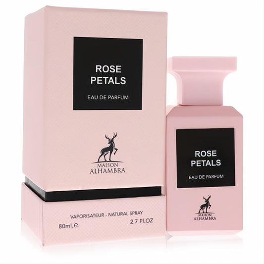 Elegant Maison Alhambra Rose Petals women's 2.7 oz Eau De Parfum spray in a chic light pink bottle and matching box.