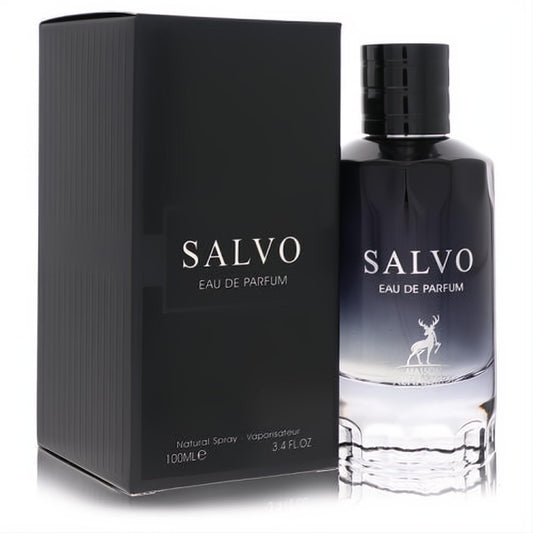 Salvo 3.4 oz men's EDP. Elegant black box and clear bottle with a dark gradient and distinctive deer logo.