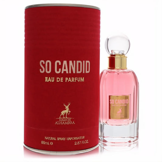 Maison Alhambra So Candid women's 2.87 oz EDP. Captivating pink fragrance in a clear bottle with gold accents, paired with its bold red box.