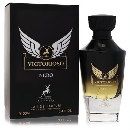 Experience Victorioso Nero 3.4 oz EDP. Sleek black & gold bottle with iconic winged deer emblem & matching box.