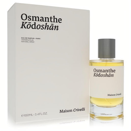 Experience Osmanthe Kodoshan 3.4 oz unisex EDP. Clear glass bottle, light yellow liquid, sleek grey cap, and elegant white box.