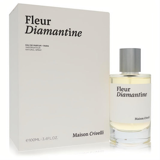 Maison Crivelli Fleur Diamantine 3.4 oz unisex EDP spray. Elegant clear glass bottle, silver cap, and minimalist white branded box.