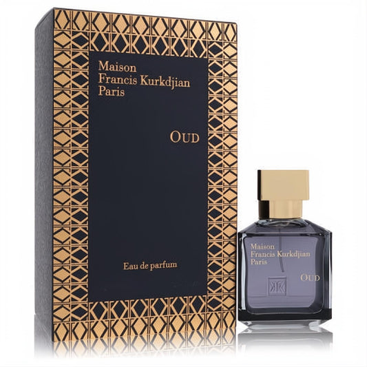 Maison Francis Kurkdjian Oud unisex EDP. Elegant dark bottle with gold cap, alongside its luxurious black box with gold geometric pattern.