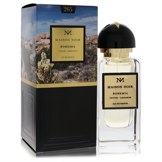 Maison Noir Bohemia 265 Eau De Parfum: elegant clear glass bottle with black cap, gold accents, and striking desert-themed box.