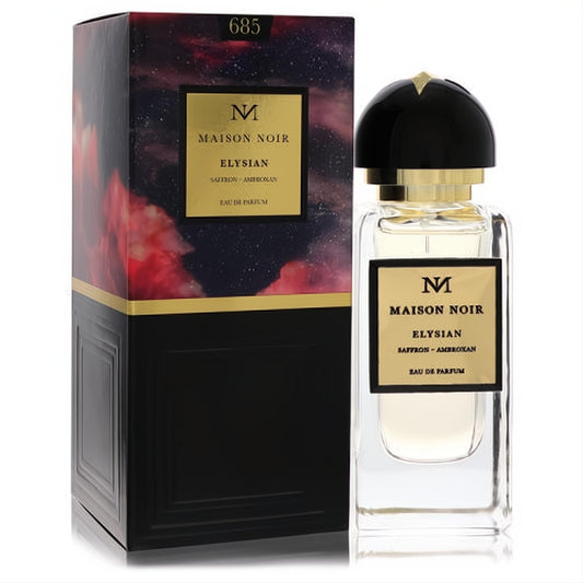 Luxurious Maison Noir Elysian 685 unisex Eau De Parfum. Clear glass bottle, black & gold label, sleek black cap, and cosmic black box.