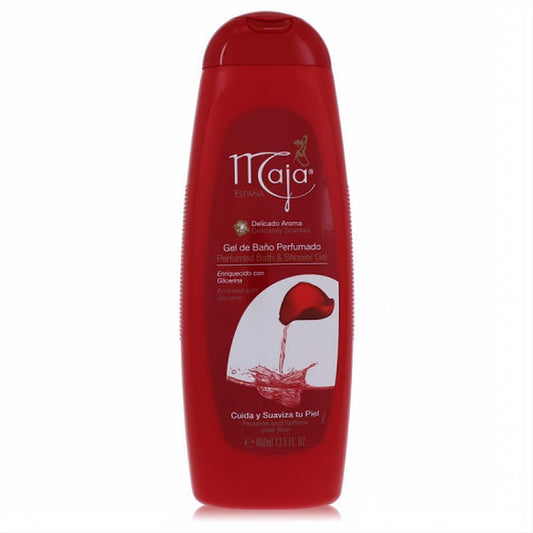 Experience Maja's 13.5 oz perfumed bath & shower gel in a vibrant red bottle with a captivating floral design. Protects and softens skin.