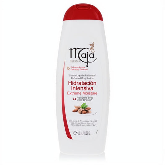Maja Extreme Moisture Perfumed Body Lotion, 13.5 oz. White bottle with red cap, enriched with almond oil for extra dry skin.