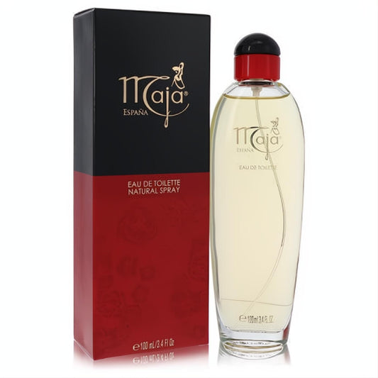 Elegant Maja by Myrurgia 3.4 oz EDT spray. Clear bottle with golden liquid, black & red cap, next to its iconic black & red box.