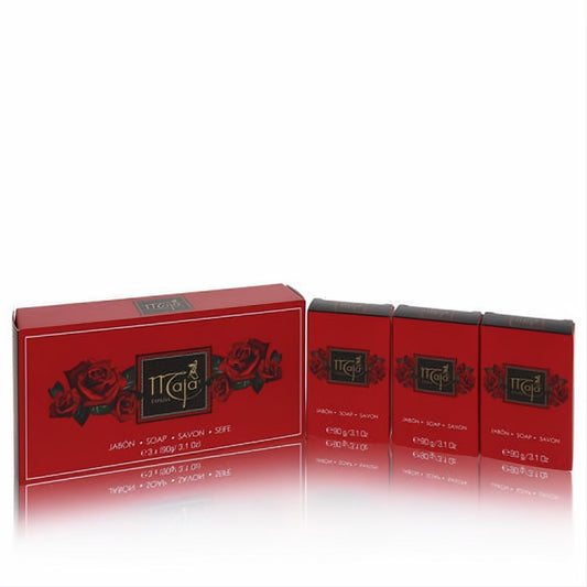 Indulge in Maja by Myrurgia 3-pack soap. Elegant red boxes with classic rose artwork, each 3.1 oz, for a refined fragrance experience.