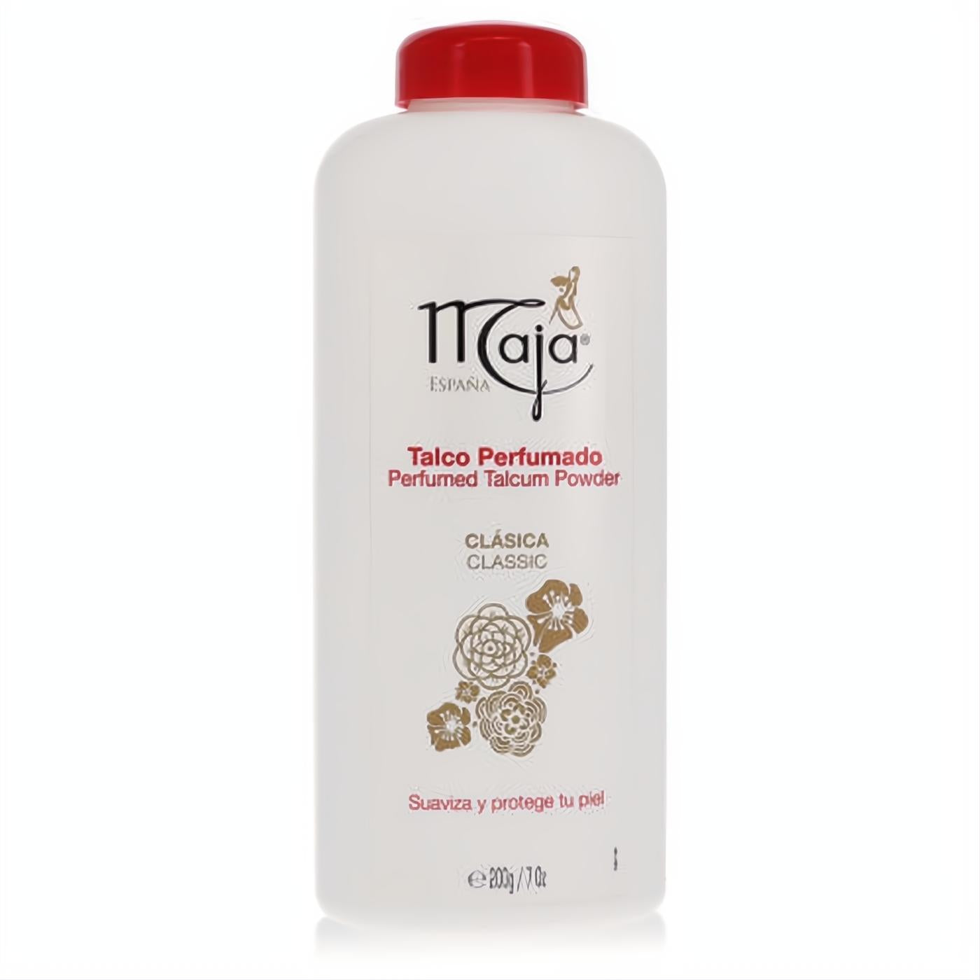 Maja Classic Perfumed Talcum Powder, 7 oz white bottle with vibrant red cap and elegant gold floral art.