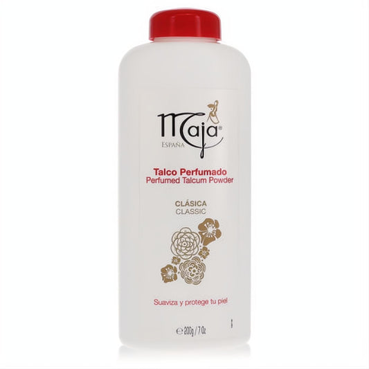 Maja Classic Perfumed Talcum Powder, 7 oz white bottle with vibrant red cap and elegant gold floral art.