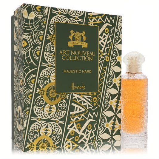 Exquisite Majestic Nard unisex perfume in an ornate clear glass bottle with amber liquid, beside its elegant green Art Nouveau box.