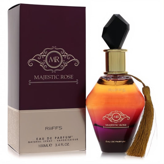 Luxurious Riiffs Majestic Rose unisex EDP. Ombre glass bottle with black gem cap, gold tassel, and elegant burgundy 3.4 oz box.