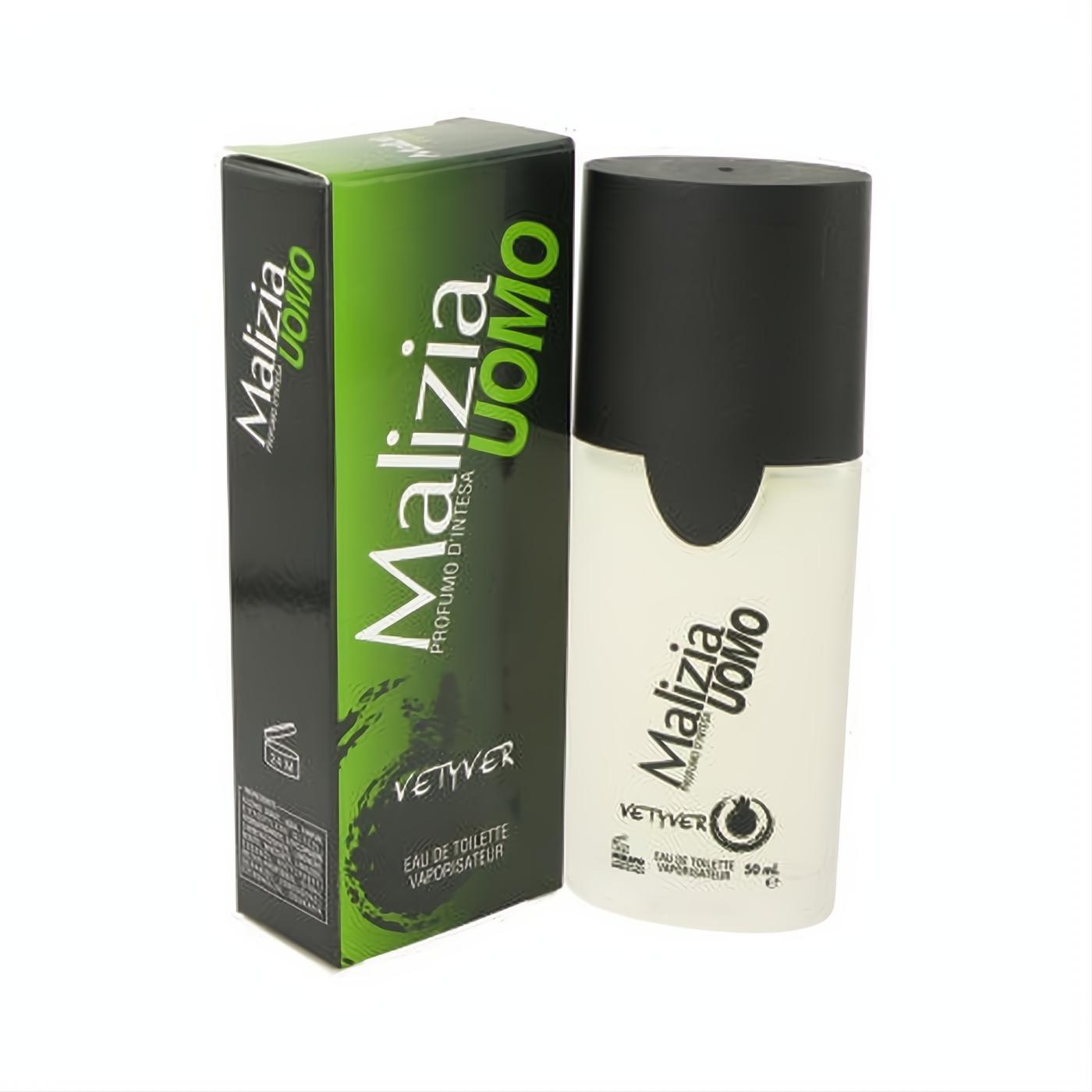 Malizia Uomo Vetyver 1.7 oz EDT spray: a sleek white bottle with black cap, next to its bold green and black box. Exude confidence.