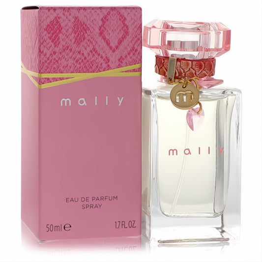 Mally by Mally 1.7 oz women's perfume. Clear bottle with a pink faceted cap, gold 'm' charm, and a vibrant pink textured box.