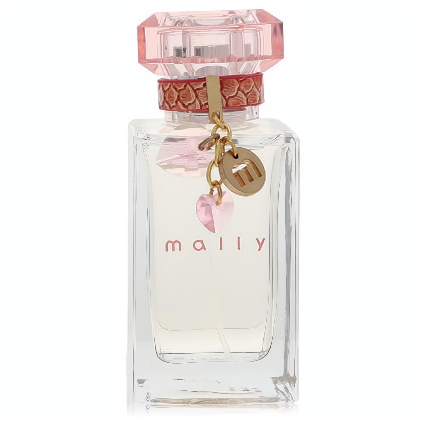Mally women's 1.7 oz Eau De Parfum spray in a chic clear bottle with a rose gold faceted cap and charming pink heart & 'm' logo.