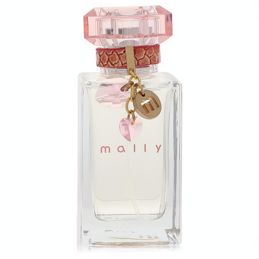 Mally women's 1.7 oz Eau De Parfum spray in a chic clear bottle with a rose gold faceted cap and charming pink heart & 'm' logo.