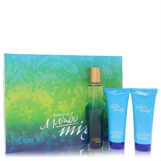 Vibrant Mambo Mix Liz Claiborne men's 3.4 oz gift set: cologne spray, after shave balm, and shower gel. Features a unique blue-green bottle and tropical packaging.