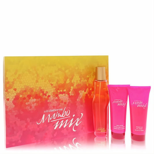 Vibrant Liz Claiborne Mambo Mix 3.4 oz gift set: perfume, lotion, shower gel. Stunning pink-orange mosaic box and bright pink tubes.