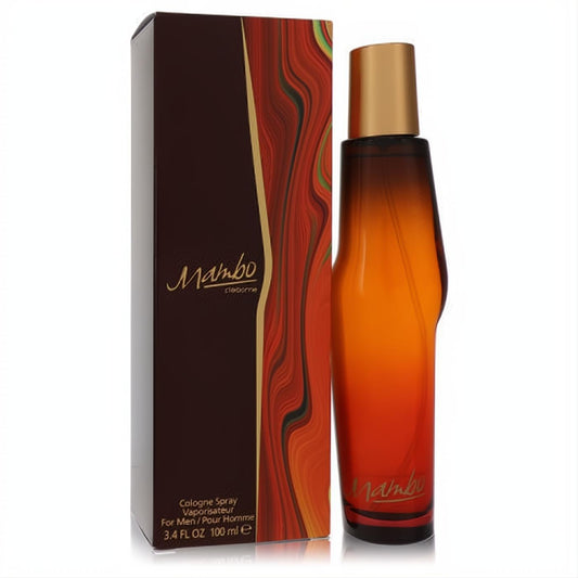 Mambo by Liz Claiborne 3.4 oz men's cologne. Bold amber-red gradient bottle with gold cap and vibrant abstract art box.