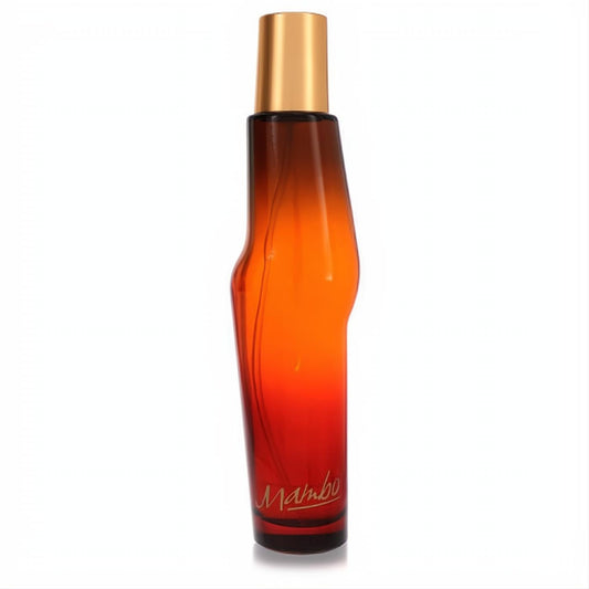 Bold Mambo for Men cologne, 3.4 oz, in a distinctive curved glass bottle with a fiery orange-red ombre and elegant gold cap.