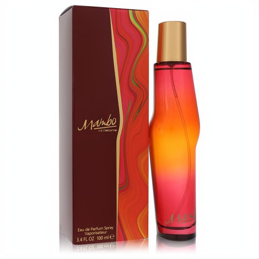 Vibrant Mambo by Liz Claiborne 3.4 oz women's EDP. Sleek red-orange gradient bottle with gold cap and matching burgundy box featuring wavy lines.