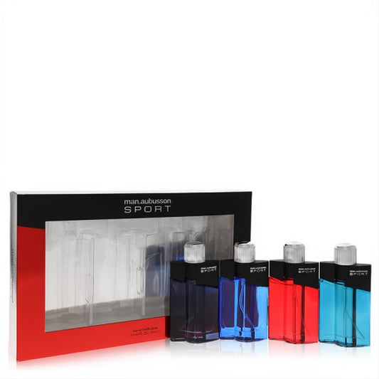 Man Aubusson Sport men's EDT set: four sleek 0.5oz sprays in black, blue, red, and aqua, presented in a modern gift box.