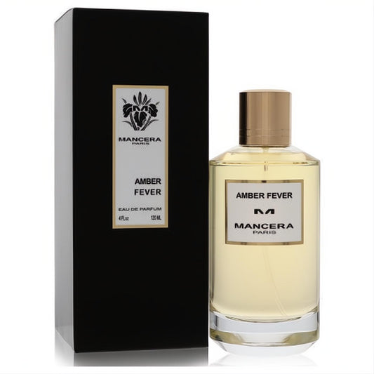 Mancera Amber Fever 4 oz unisex EDP. Clear glass bottle with luminous amber liquid, elegant gold cap, and sleek black box.