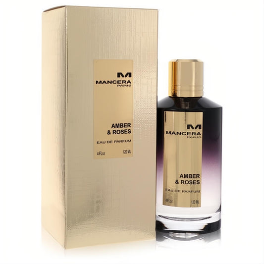 Luxurious Mancera Amber & Roses 4 oz EDP spray in a chic gold-capped, dark gradient bottle with matching gold box.