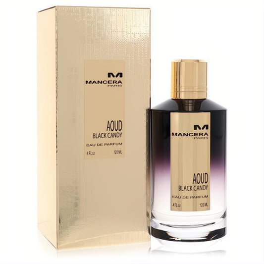 Experience Mancera Aoud Black Candy 4 oz unisex EDP. Luxurious dark gradient glass bottle, gold cap, and matching box.