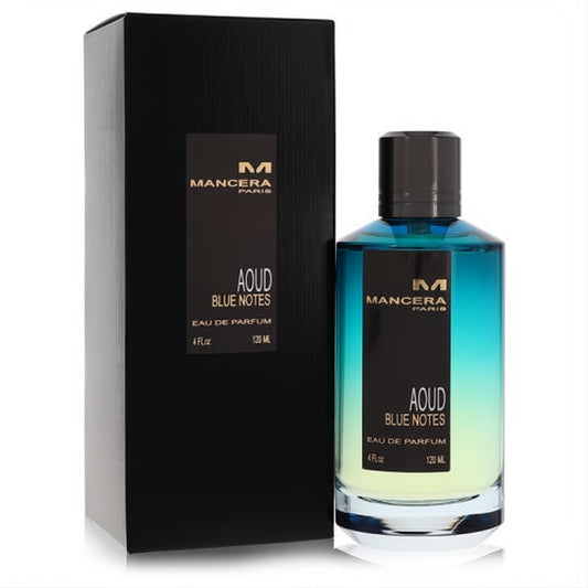 Elegant Mancera Aoud Blue Notes 4 oz unisex EDP in a vibrant blue-to-yellow gradient glass bottle with sleek black cap and box.