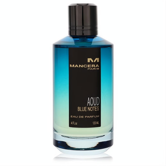 Vibrant Mancera Aoud Blue Notes 4 oz Eau de Parfum in a sleek blue gradient glass bottle with iconic black label and cap.