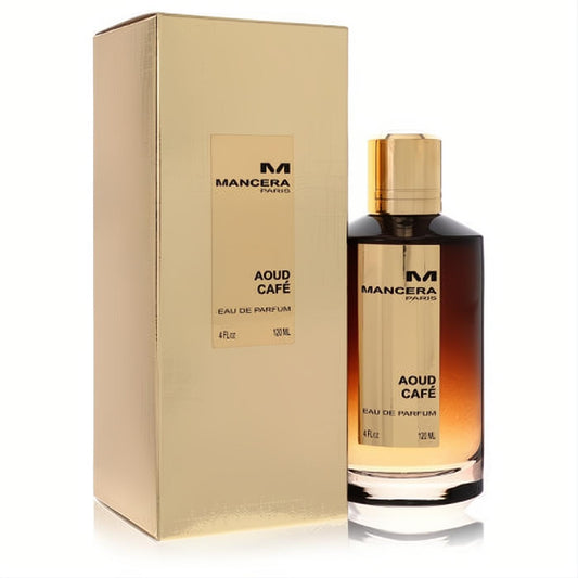 Mancera Aoud Café 4 oz unisex Eau de Parfum. Luxurious gold box and clear bottle with rich amber liquid, gleaming gold cap.