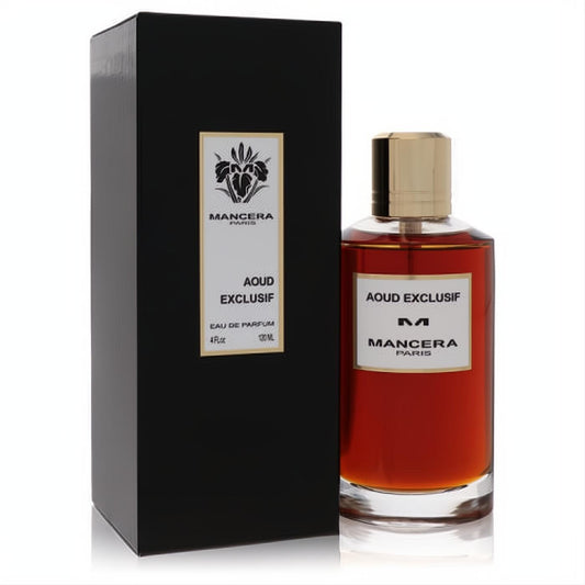 Mancera Aoud Exclusif 4 oz unisex Eau De Parfum spray: rich amber liquid in a clear bottle with a gold cap, beside its sophisticated black box.