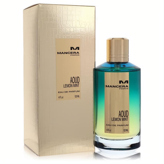 Mancera Aoud Lemon Mint 4 oz unisex EDP. Vibrant teal-yellow gradient bottle with gold cap and shimmering gold box.