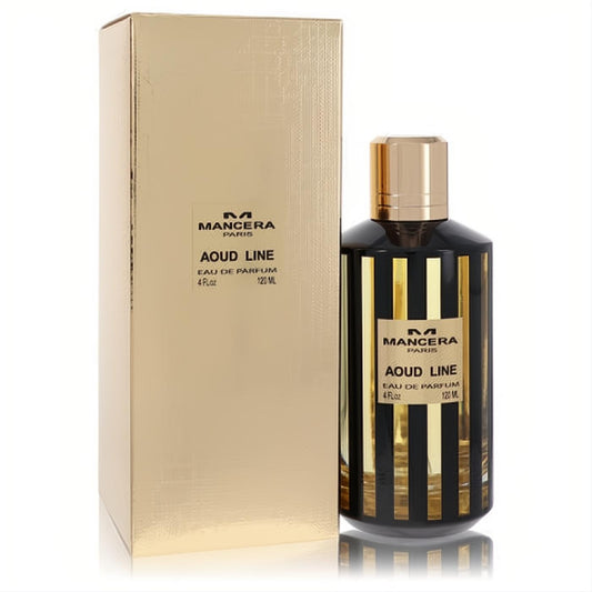 Indulge in Mancera Aoud Line 4 oz unisex EDP. Features a sleek black bottle with bold gold stripes and a luxurious gold box.