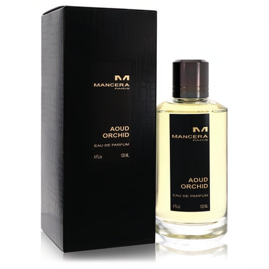 Elevate your scent with Mancera Aoud Orchid 4 oz unisex EDP. Golden liquid in a clear glass bottle, dark cap, and sleek black box.